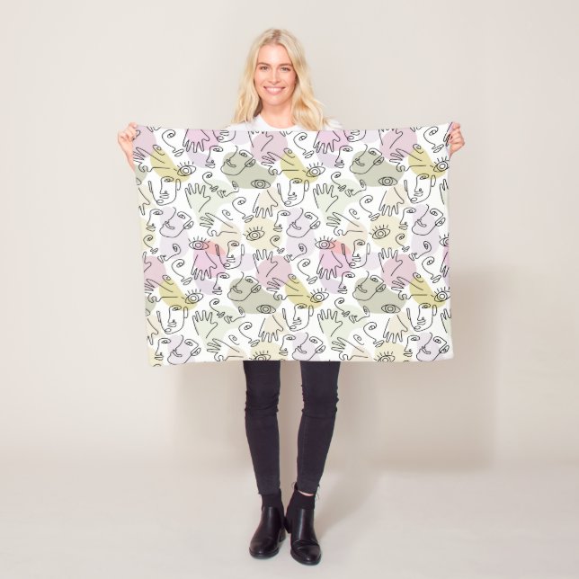 Abstract Face Finger Doodle Line Art Fleece Blanket (In Situ)