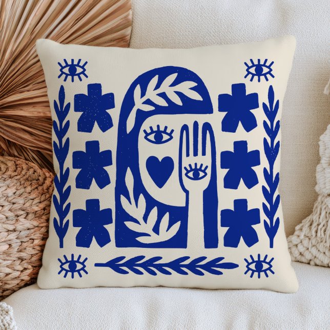 Abstract Face Modern Evil Eyes Blue Folk Art Cushion (Creator Uploaded)