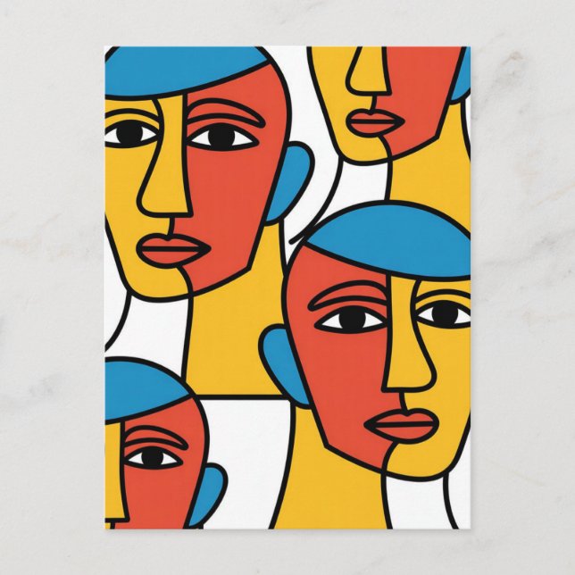 Abstract Faces Print, Vibrant Geometric Art Postcard (Front)