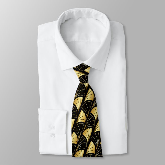 Abstract Fan Gradient Gold Vector Pattern Black Tie (Tied)