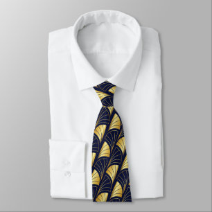 Abstract Fan Gradient Gold Vector Pattern Navy Nec Tie
