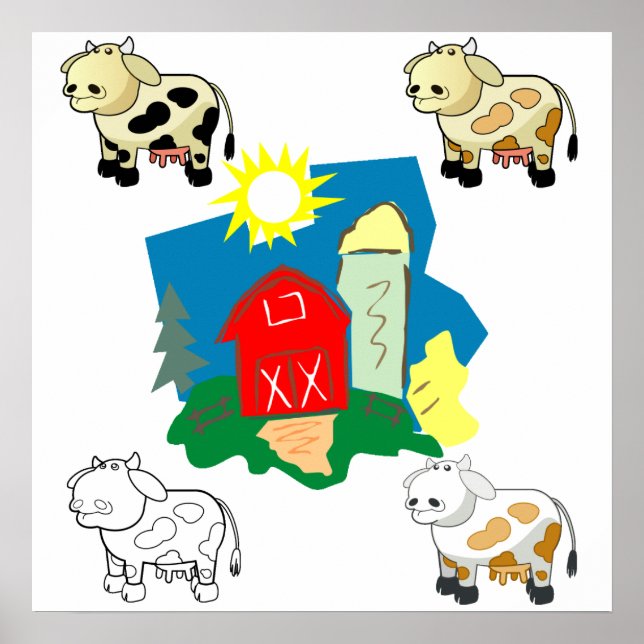 Abstract Farm and Cartoon Cows Poster (Front)