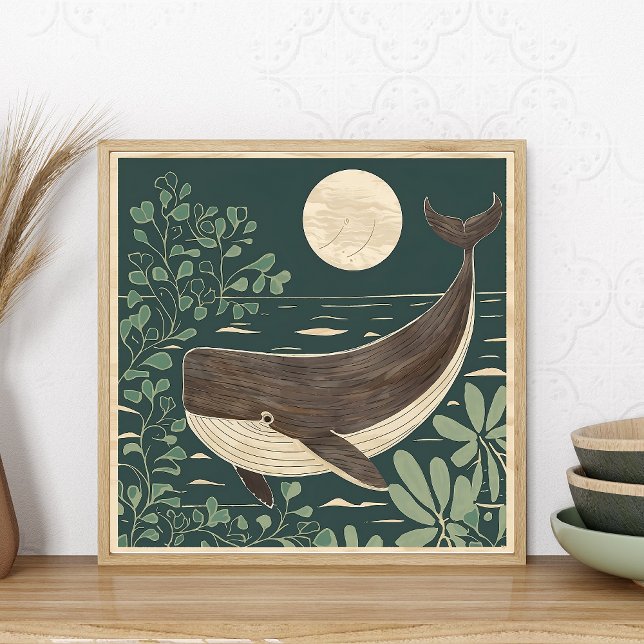 Abstract Fauvism Whale Poster (matisse like abstract painting of whale, moon, ocean. Japanese woodblock style)