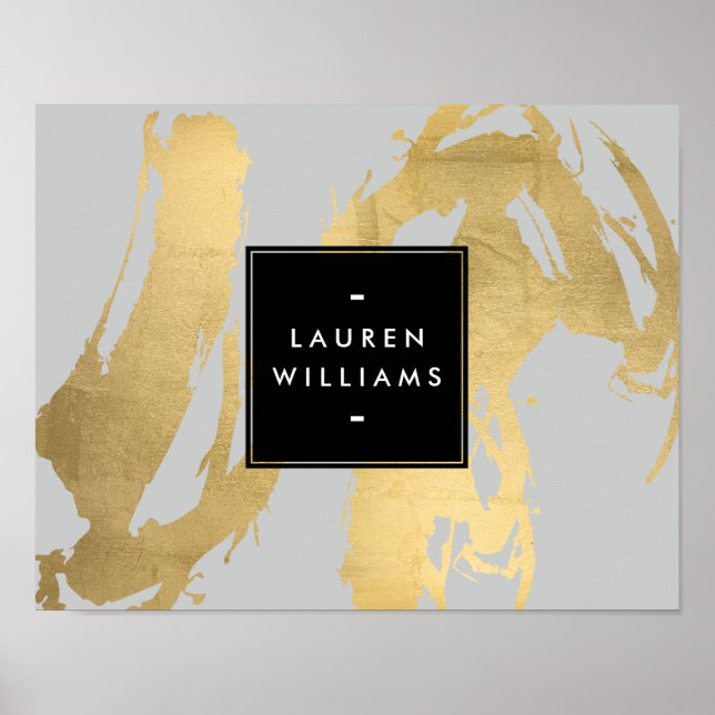 Abstract Faux Gold Brushstrokes on Grey Poster (Front)