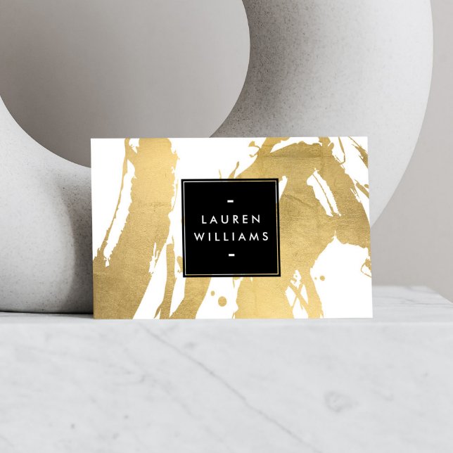 Abstract Faux Gold Brushstrokes on White Business Card (Creator Uploaded)