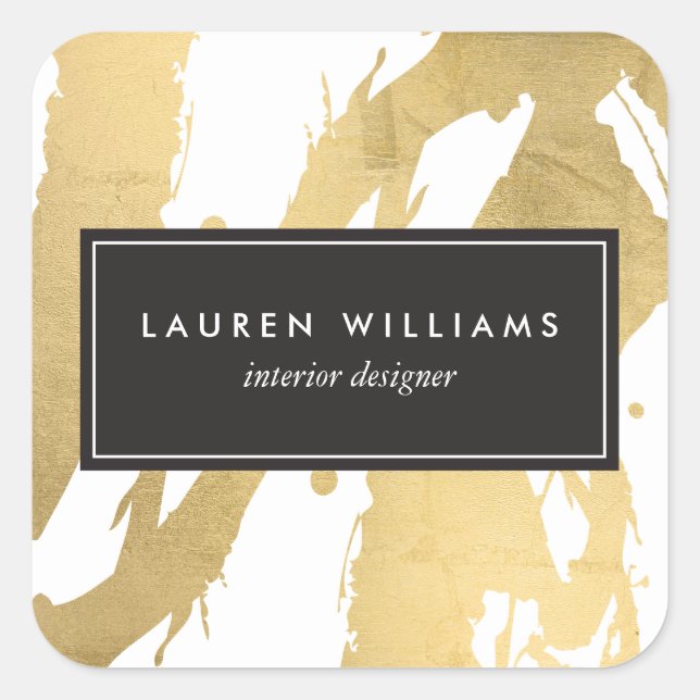 Abstract Faux Gold Brushstrokes on White II Square Sticker (Front)