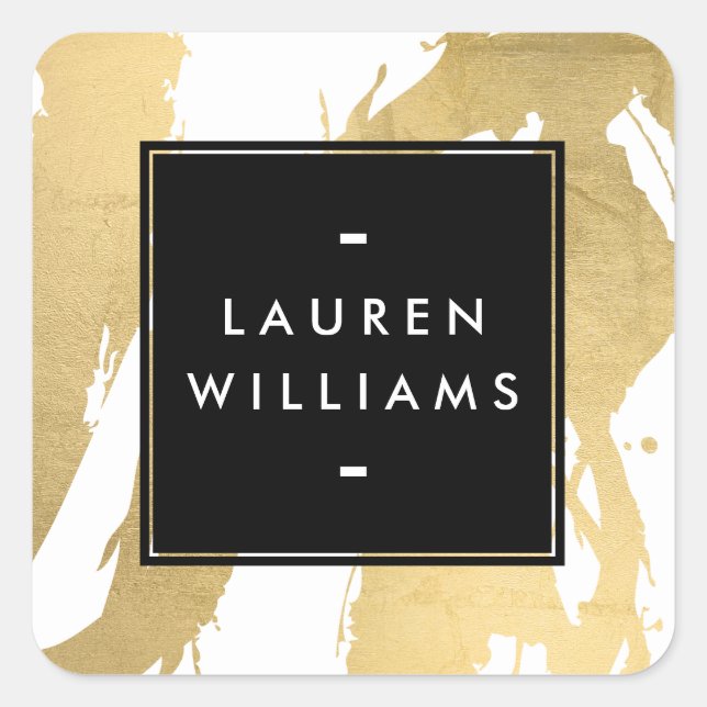 Abstract Faux Gold Brushstrokes on White Square Sticker (Front)