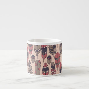 Abstract feathers: colourful vintage background. espresso cup