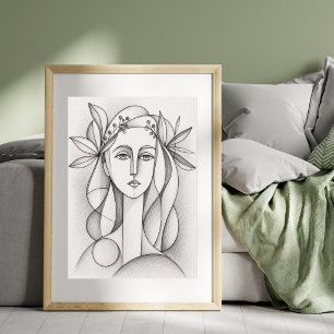 Abstract Female Portrait   Cubist Line Drawing Poster