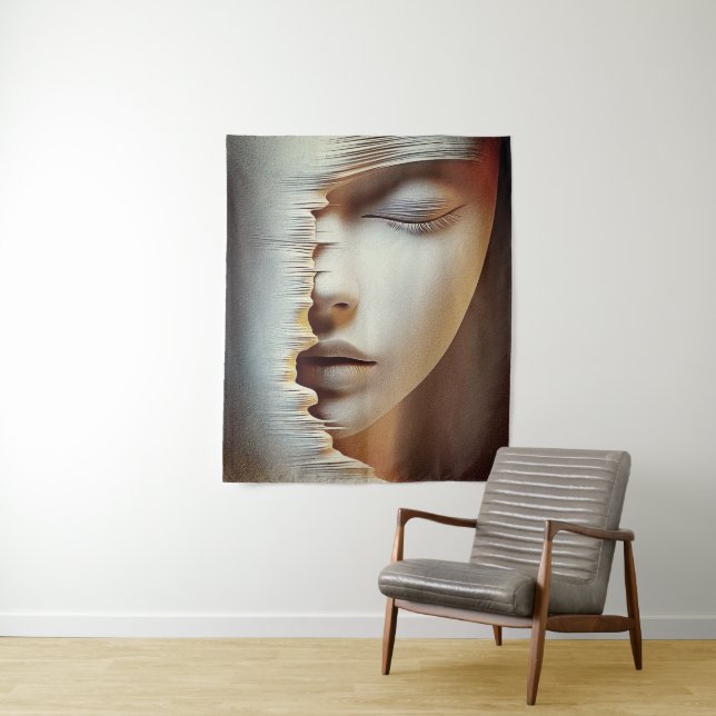 Abstract Feminine Face Wall Art – Modern Textured Tapestry (In Situ)