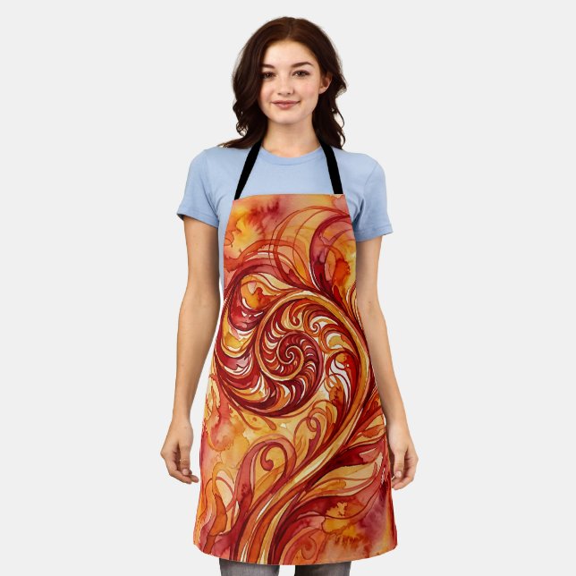 Abstract Fern Fire Red Apron (Worn)