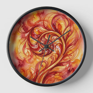 Abstract Fern Leaf Fire Red Watercolor Art Clocks