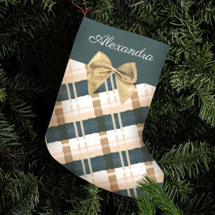 Abstract Festive Green Pink Gold Bow Personalised  Small Christmas Stocking