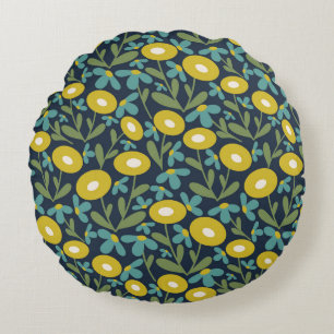 Abstract Flora Sea Blue Round Cushion