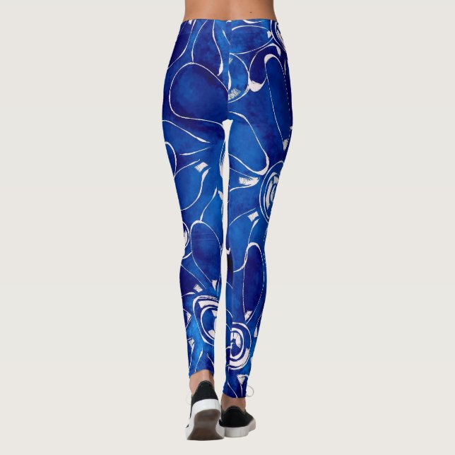 Abstract Floral Art Pattern Blue White Flowers Leggings (Back)