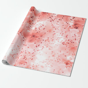 Abstract floral backdrop of pink flowers over past wrapping paper