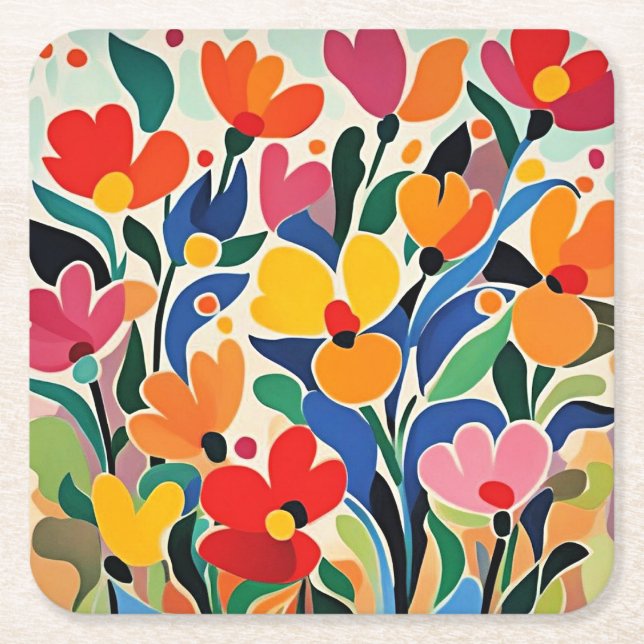 Abstract floral background, vibrant, square paper coaster (Front)