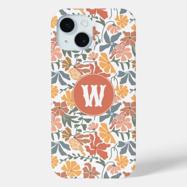 Abstract Floral Birds Mid Century Modern Monogram Case-Mate iPhone Case (Back)