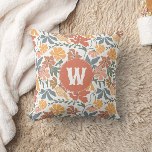 Abstract Floral Birds Mid Century Modern Monogram Cushion