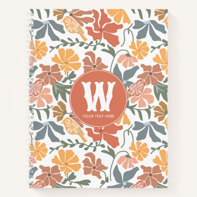 Abstract Floral Birds Mid Century Modern Monogram Notebook (Front)