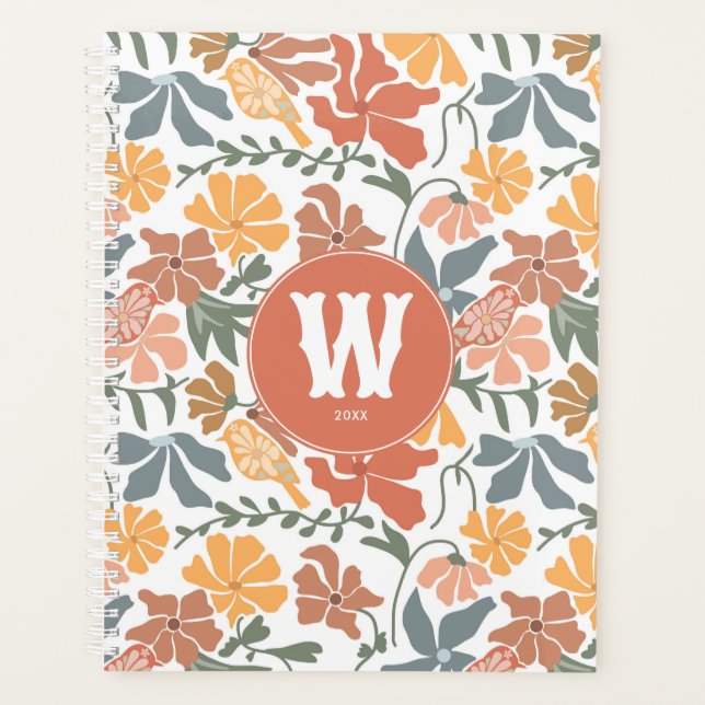 Abstract Floral Birds Mid Century Modern Monogram Planner (Front)
