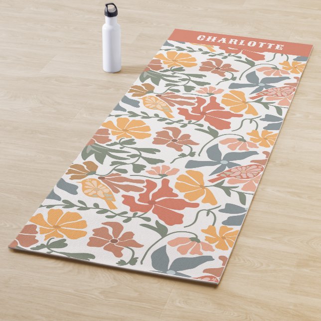 Abstract Floral & Birds Mid Century Modern Name Yoga Mat (In Situ)