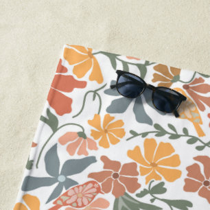 Abstract Floral & Birds Mid Century Modern Pattern Beach Towel