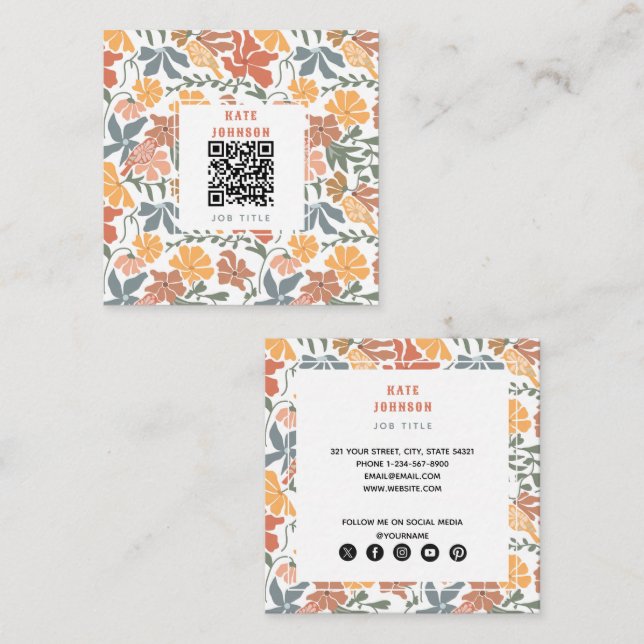 Abstract Floral & Birds Mid Century Modern Pattern Square Business Card (Front/Back)