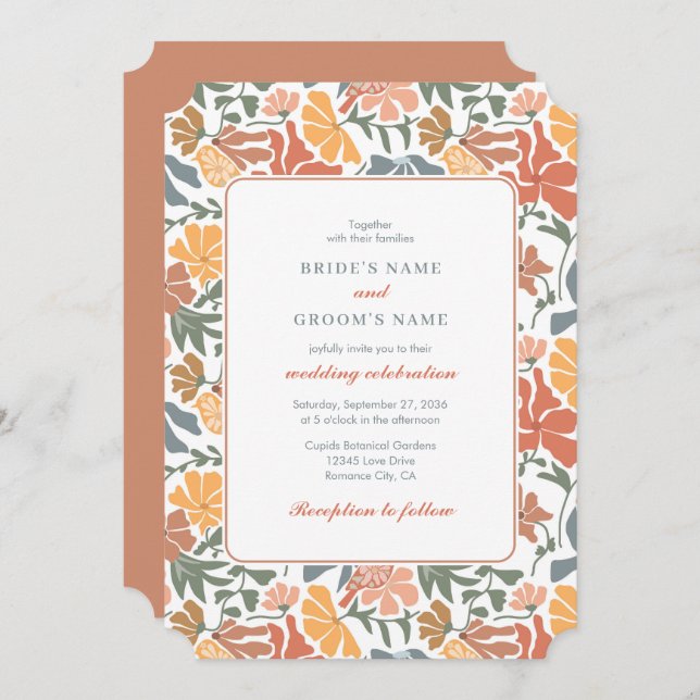Abstract Floral & Birds Mid Century Modern Wedding Invitation (Front/Back)