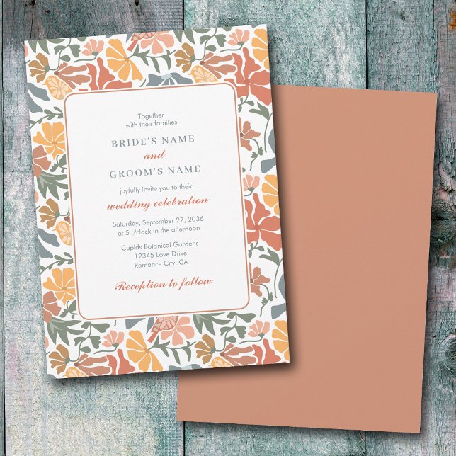 Abstract Floral & Birds Mid Century Modern Wedding Invitation (Abstract Floral & Birds Mid Century Modern Wedding Invitation)