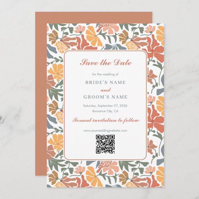 Abstract Floral & Birds Mid Century Modern Wedding Save The Date (Front/Back)