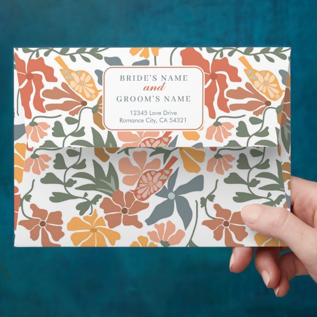Abstract Floral & Birds Mid Century Wedding  5x7 Envelope (Hand)