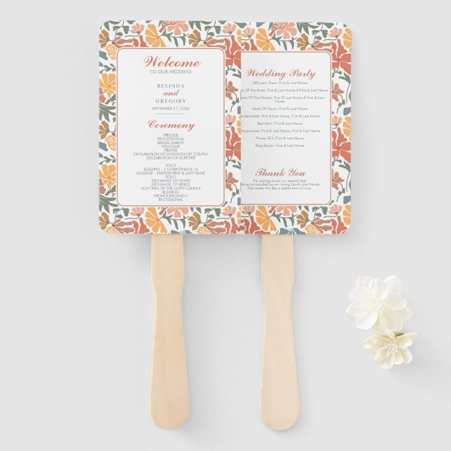 Abstract Floral Birds Mid Century Wedding Program Hand Fan (Front and Back)