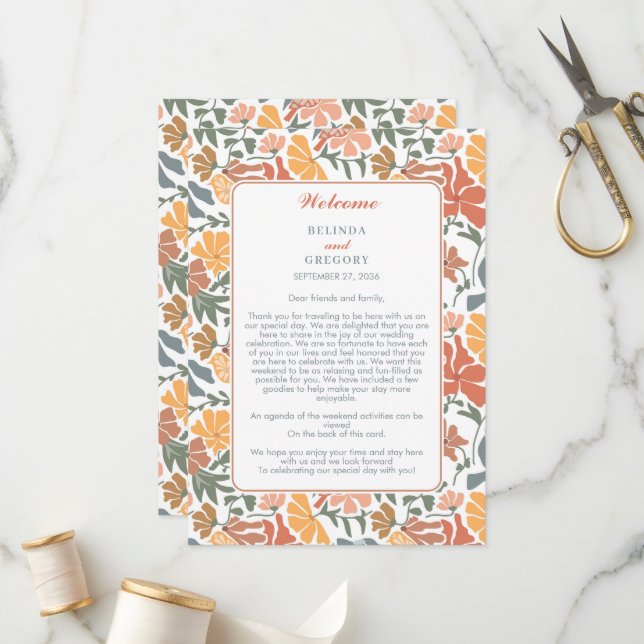 Abstract Floral Birds Midcentury Wedding Itinerary Programme (Front/Back In Situ)