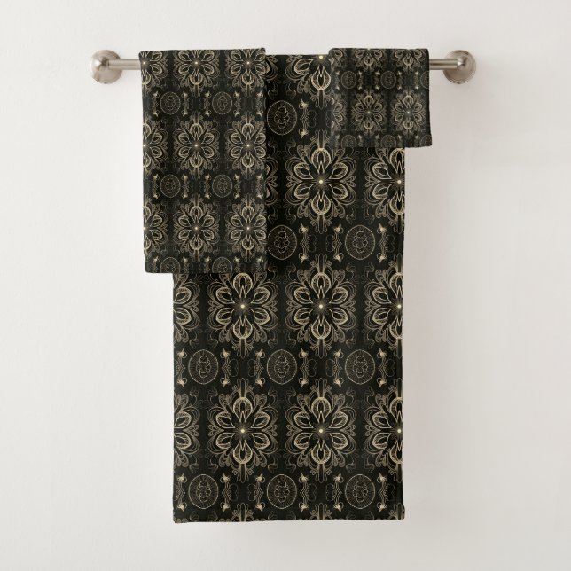 Abstract Floral Black And Gold Bath Towel Set (Insitu)