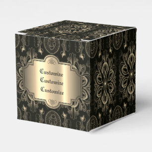 Abstract Floral Black And Gold Cube Favour Box