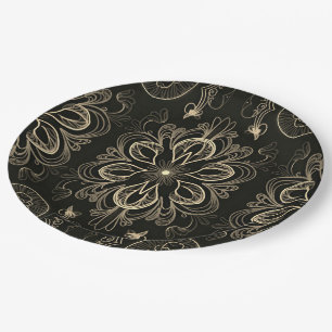 Abstract Floral Black And Gold Pattern Paper Plate