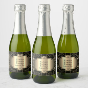 Abstract Floral Black And Gold Sparkling Wine Label