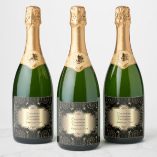 Abstract Floral Black And Gold Sparkling Wine Label