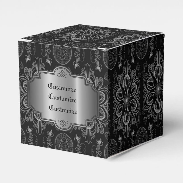 Abstract Floral Black And Silver Cube Favour Box (Front Side)