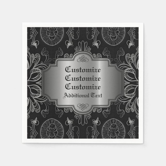 Abstract Floral Black And Silver Napkin (Front)