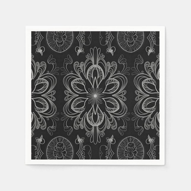 Abstract Floral Black And Silver Pattern Napkin (Front)