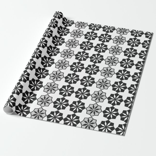 Abstract Floral Black and White Pattern Wrapping Paper (Unrolled)
