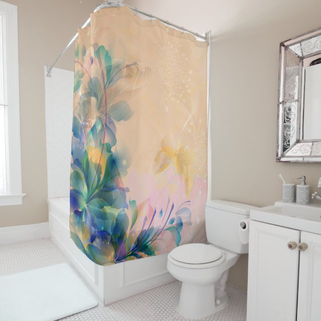 Abstract Floral Blue And Beige Shower Curtain (In Situ)