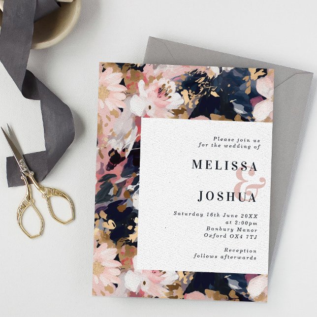 Abstract Floral Blush & Navy Wedding Invitation (Creator Uploaded)