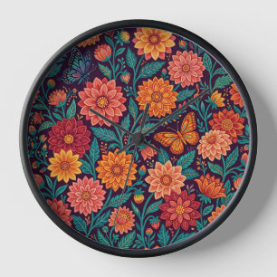 Abstract Floral Dahlia Butterflies Art Clocks
