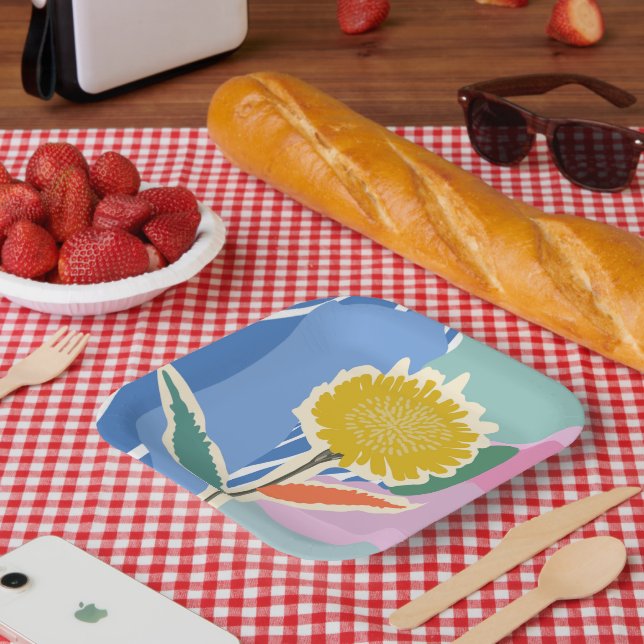 Abstract Floral Dandelion Colour Blocks Modern  Paper Plate (Picnic)