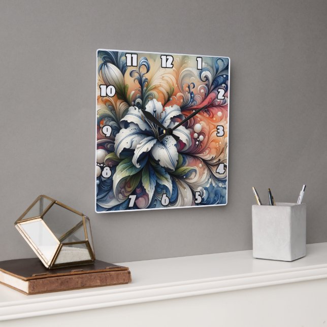 Abstract Floral Design Featuring White Lily Square Wall Clock (Office)