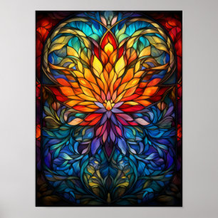 Abstract Floral Heart Stained Glass Mandala Art Poster