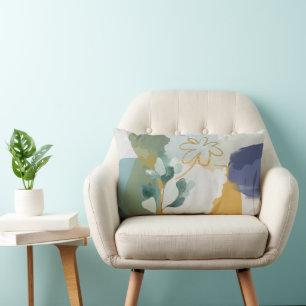 Abstract Floral in Blue, Sage Gold Lumbar Pillow